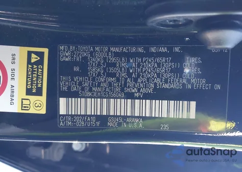 2012 Toyota Highlander Base V6 z USA, uszkodzony, nr VIN 5TDBK3EH1CS156049